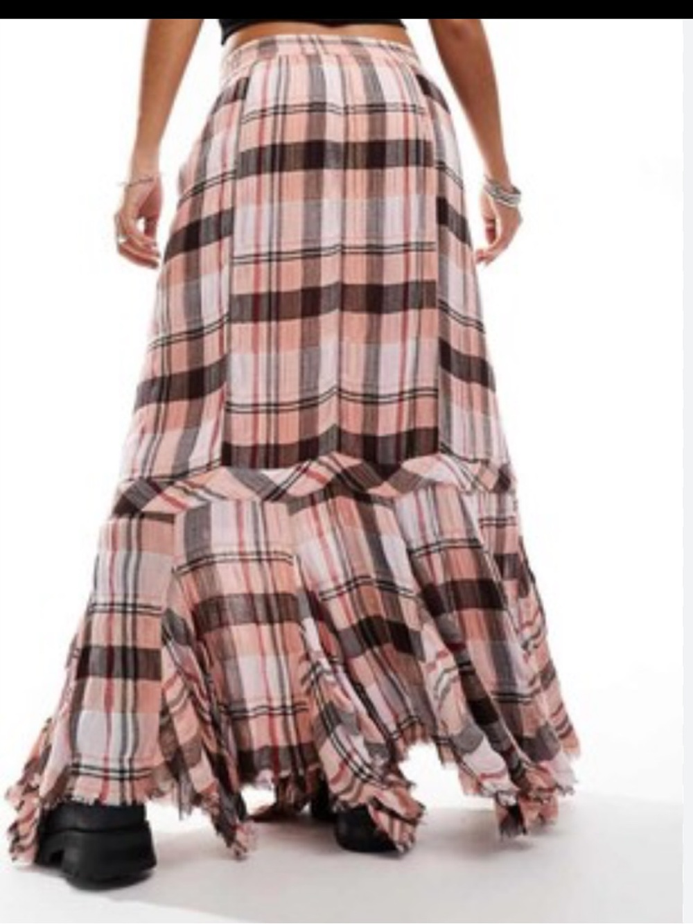 NWT Free People skirt Bordeaux Plaid Tiered Maxi peach - renaissance S (XS-M?) - Picture 7 of 17